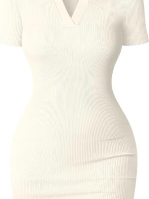 Women's Mini Dresses Sexy Ribbed Short Sleeve Tummy Control Bodycon Mini Dress