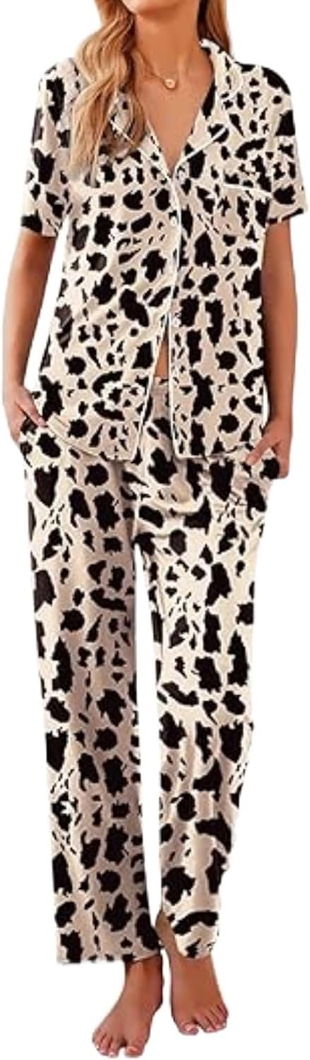 Women Pajamas Set Button Down Sleepwear Short Sleeve Nightwear with Long Pants Soft Pjs Set with Pockets S-XXL