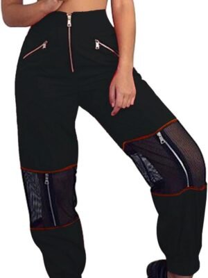 Women Mesh Stitching Jogger Pants Relax Fit Fashion Hiphop Dance Trouser