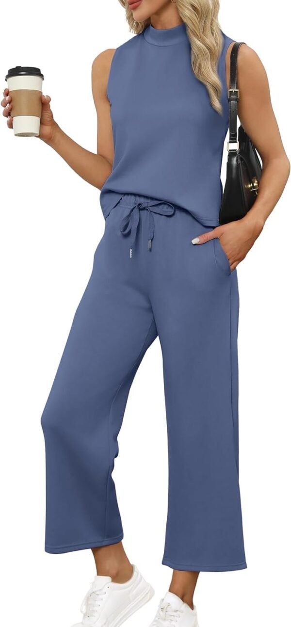 Two Piece Sets for Women Summer Outfits Lounge Sets Mock Neck Tops Wide Leg Crop Pants Vacation Travel Outfits