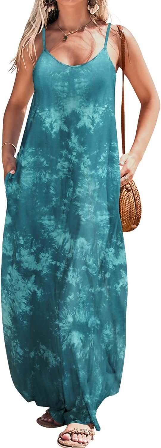 Women Summer Casual Bohemian Maxi Dress V-Neck Sleeveless Flowy Boho Floral Beach Long Dress with Pockets