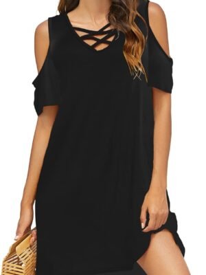 Women Summer Cold Shoulder Criss Cross Neckline Short Sleeve Casual Tunic Top Dress (S-3XL)