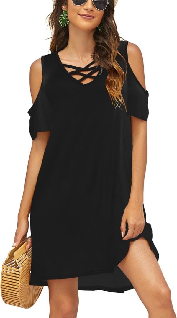 Women Summer Cold Shoulder Criss Cross Neckline Short Sleeve Casual Tunic Top Dress (S-3XL)