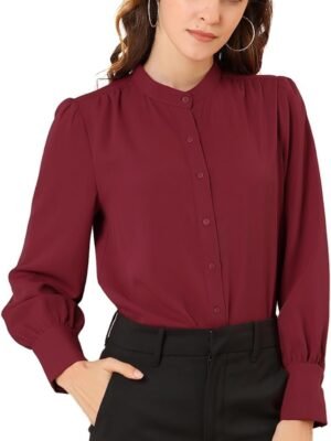 Women's Mandarin Collar Office Top Long Sleeve Button Down Shirt