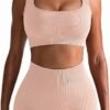 Workout Outfits for Women 2 Piece Seamless Ribbed High Waist Leggings with Sports Bra Exercise Set…