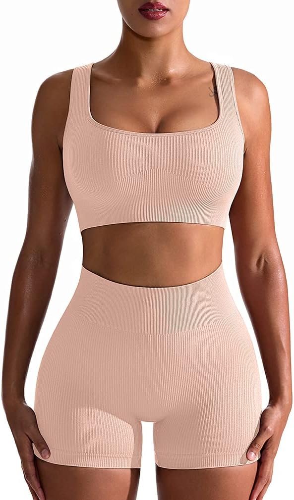 Workout Outfits for Women 2 Piece Seamless Ribbed High Waist Leggings with Sports Bra Exercise Set…