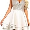 Women's Sequin Glitter V Neck Skater Mini Club Cocktail Party Swing Dress