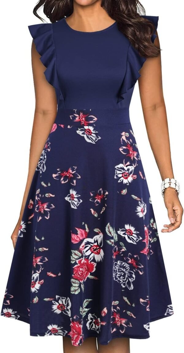 Women's Vintage Ruffle Floral Flared A Line Swing Casual Cocktail Party Dresses