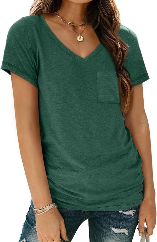 Womens T Shirts Short Sleeve V Neck Tops with Pockets Summer Fashion Trendy Soft Casual Comfy Outfits Clothes 2024