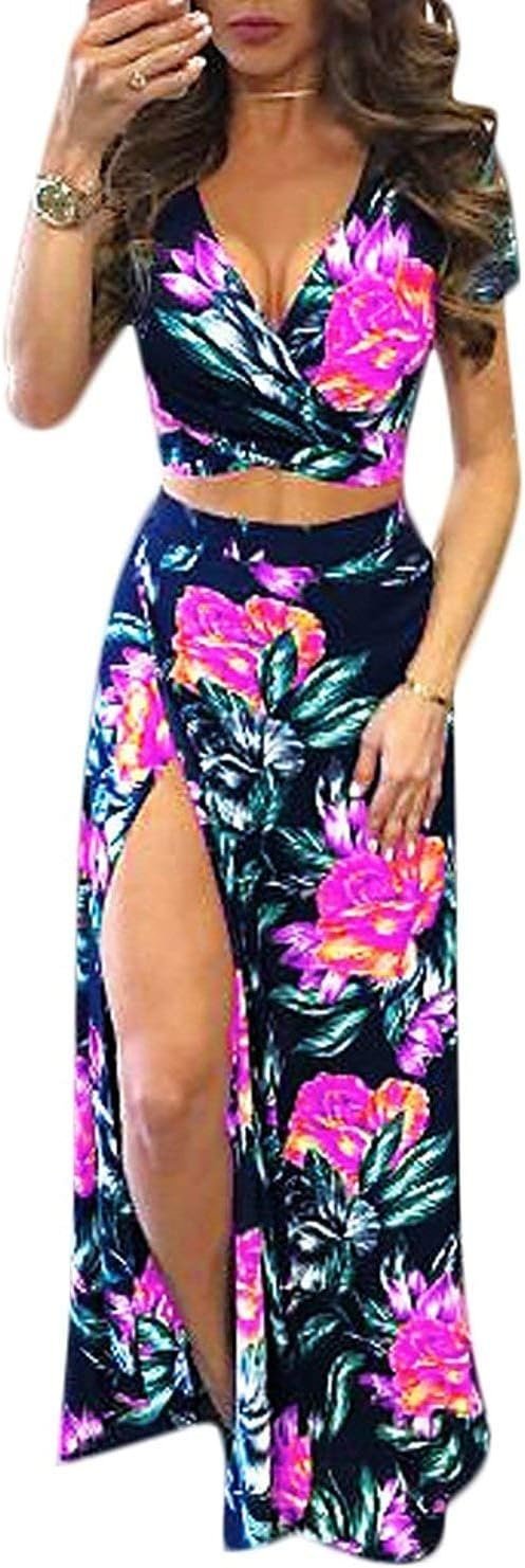 Womens Summer Sexy 2 Pieces Outfits Ruffle Floral Tank Top Wrap Boho Tropical Long Skirt Set Clubwear Dresses