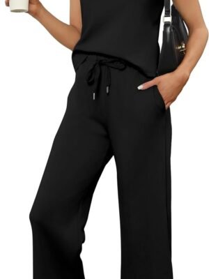 Two Piece Sets for Women Summer Outfits Lounge Sets Mock Neck Tops Wide Leg Crop Pants Vacation Travel Outfits