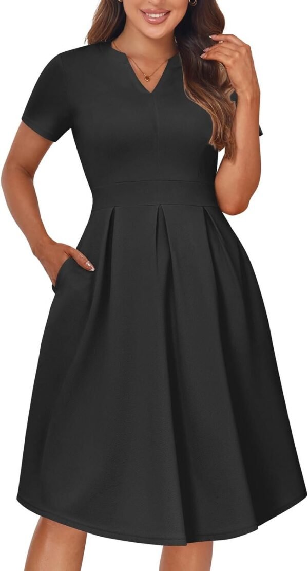 Womens Elegant Print Notched Neck Slant Pocket Pleated Hem Casual A-Line Dress