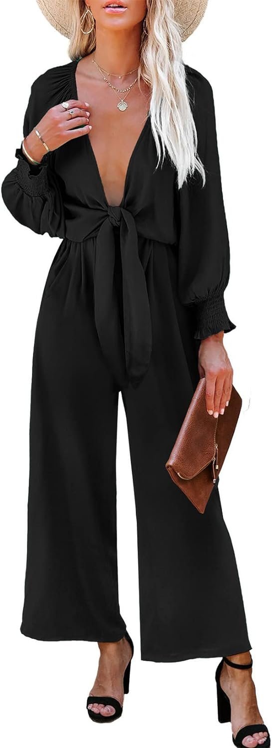 Rompers for Women Dressy Spring Summer Tie Knot Front Sexy V Neck Jumpsuits