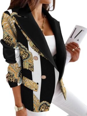 Women's Casual Blazer with Front Opening, Long Sleeves, Double-Breasted Design, Vintage Printed Plaid, Slim Fit Women's Blazer