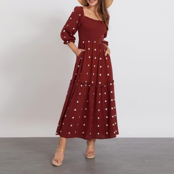 Women’s Floral Smocked Maxi Dress Boho Puff Sleeve Sweetheart A-Line Flowy Long Dresses Y2K Swing Beach Sundress