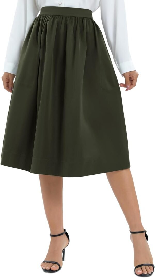 Women's Casual Elastic Waist Vintage A-Line Pleated Flared Midi Skirt with Pockets