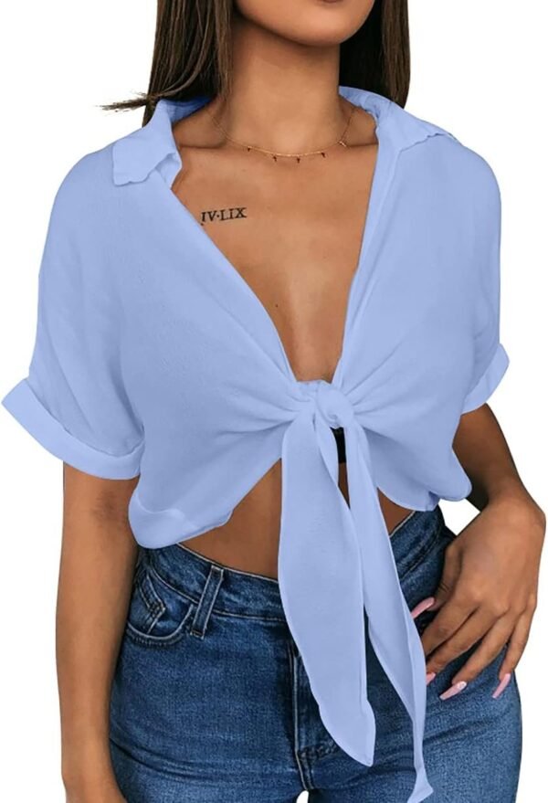 Womens Summer Short Sleeve Shirts V Neck Tie Knot Batwing Blouses Tops