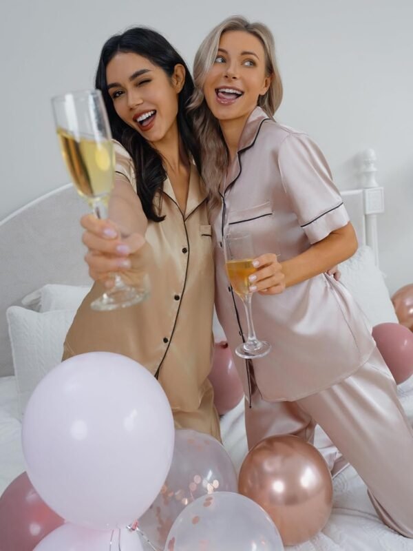 Silk Pajama Set for Women Satin Short Sleeve Sleepwear Button Down Loungewear 2 Piece Pj Sets