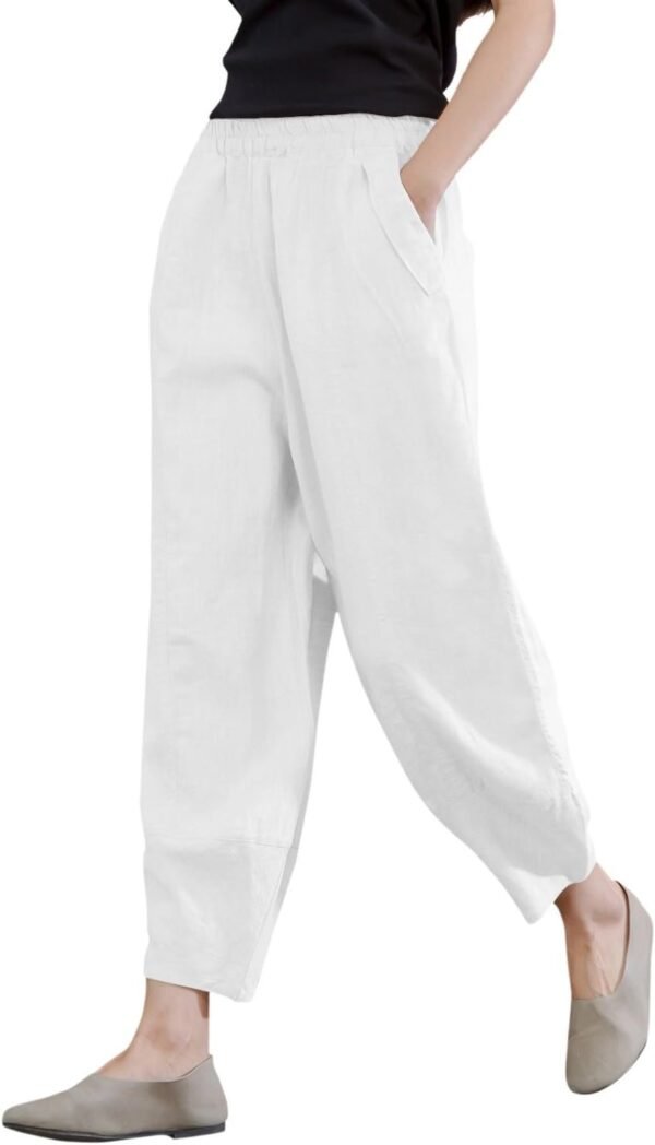 61DKBOOSe9L._AC_SL1500.jpg Women's 100% Linen Pants Relax Fit Lantern Cropped TaperedPants Trousers with Elastic Waist