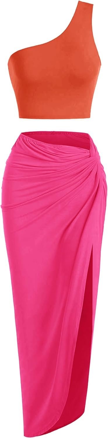 Women’s 2 Pieces Skirt with Crop Tank, High-Slit Twist Skirt Set Bodycon Dress for Party Club Nightout Cocktail