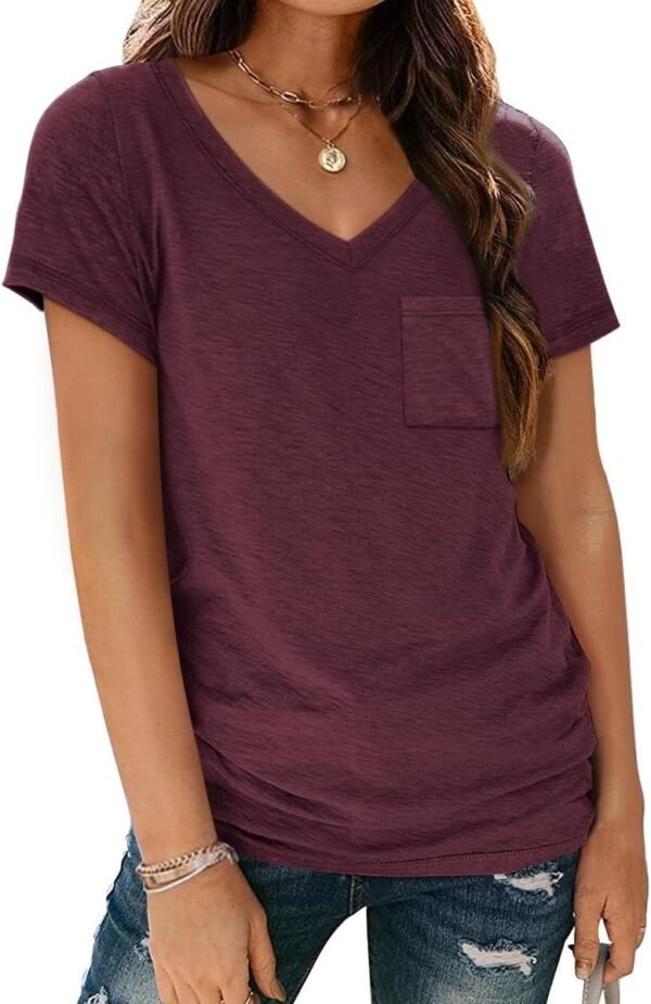 Womens T Shirts Short Sleeve V Neck Tops with Pockets Summer Fashion Trendy Soft Casual Comfy Outfits Clothes 2024