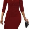 Women's Sexy V Neck 3/4 Sleeve Vintage Warp Ruffle Ruched Bodycon Cocktail Party Midi Dress