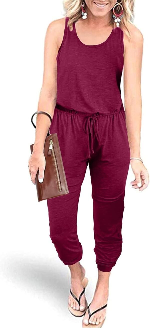 Womens Sleeveless Drawstring Elastic Waist Loose Jumpsuits