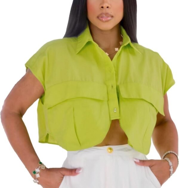2024 Women's Summer Cute Button Down Shirts Crop Tops Fashion Lapel Cap Sleeves Blouse Trendy Streetwear