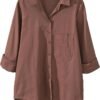 Women's Long Sleeve Shirts Button Down Blouse Cotton Tunic High Low Tops