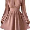 Women's Long Lantern Sleeve Mock Neck Cut Out Dress Elegant A Line Short Dresses