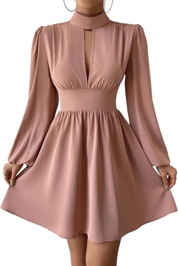 Women's Long Lantern Sleeve Mock Neck Cut Out Dress Elegant A Line Short Dresses