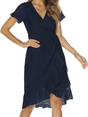 Women's Classic Floral Lace V Neck Wrap Dress Wedding Guest Ruffle Hem Split High Low Midi Cocktail Dresses 942