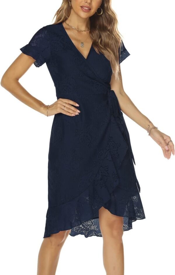 Women's Classic Floral Lace V Neck Wrap Dress Wedding Guest Ruffle Hem Split High Low Midi Cocktail Dresses 942