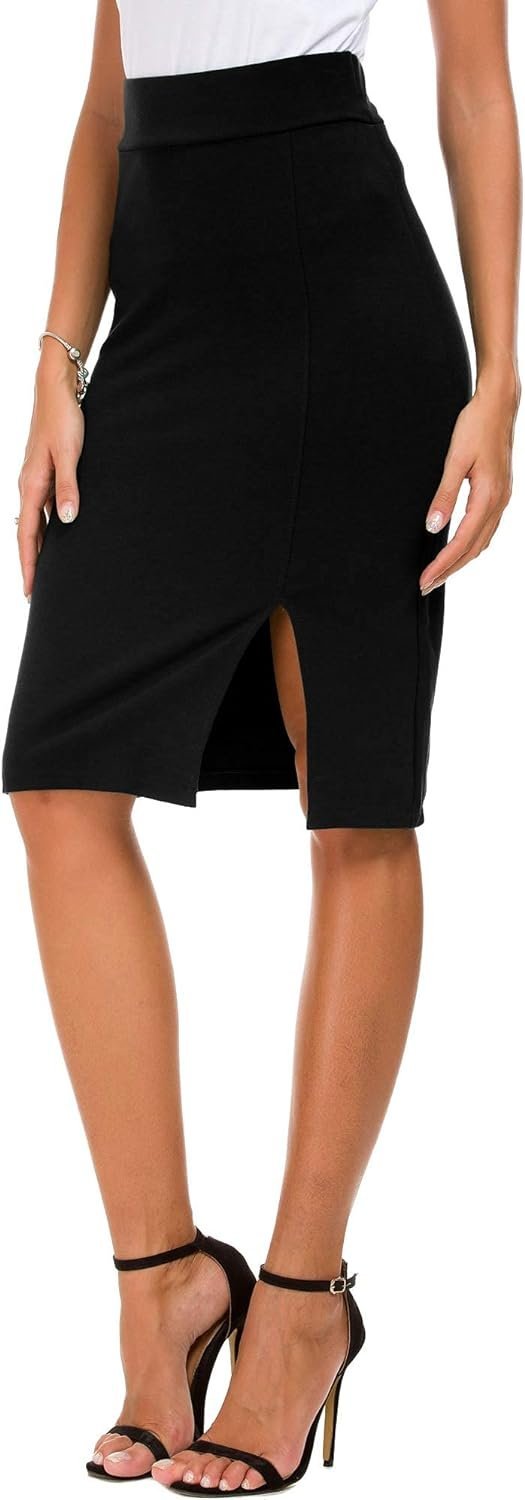 Women's Knee Length Stretch Pencil Skirt High Waisted Bodycon Midi Straight Skirt