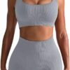 Workout Outfits for Women 2 Piece Seamless Ribbed High Waist Leggings with Sports Bra Exercise Set…