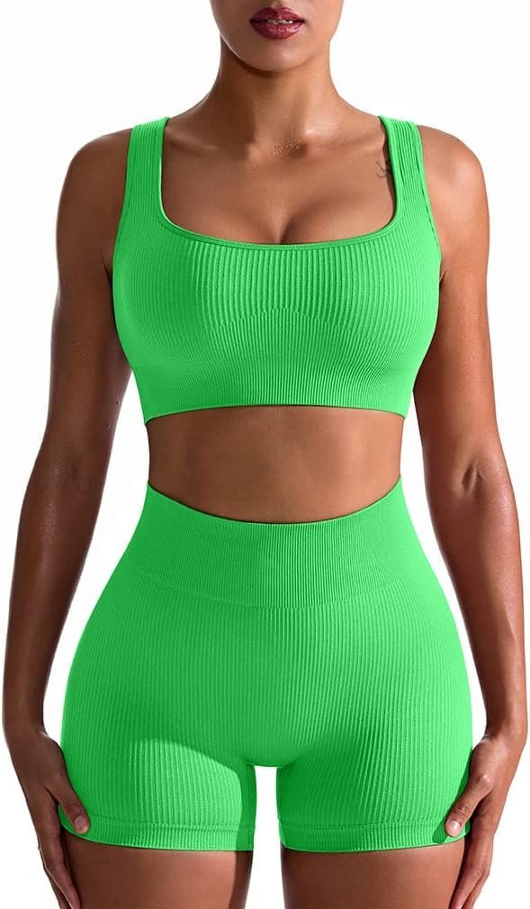 Workout Outfits for Women 2 Piece Seamless Ribbed High Waist Leggings with Sports Bra Exercise Set…