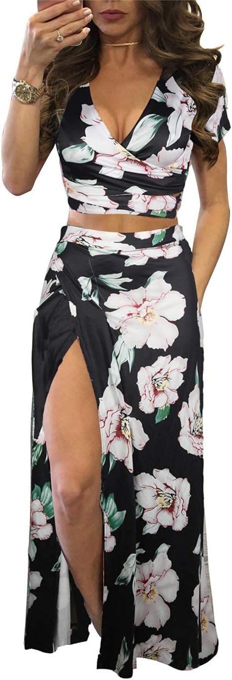 Womens Summer Sexy 2 Pieces Outfits Ruffle Floral Tank Top Wrap Boho Tropical Long Skirt Set Clubwear Dresses