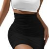 Women's Elastic High Waist Ruched Bodycon Stretch Club Pencil Midi Skirt