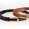 Womens Leather Belt Skinny Waist Belt for Dresses Jeans Pants with Gold Buckle