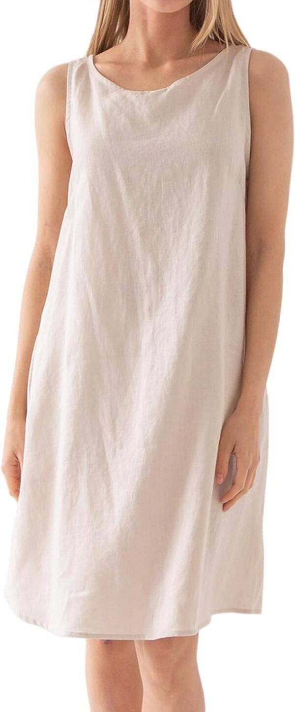Women's Linen Sleeveless Shift Dress with Pockets Crew Neck Casual Tank Dress