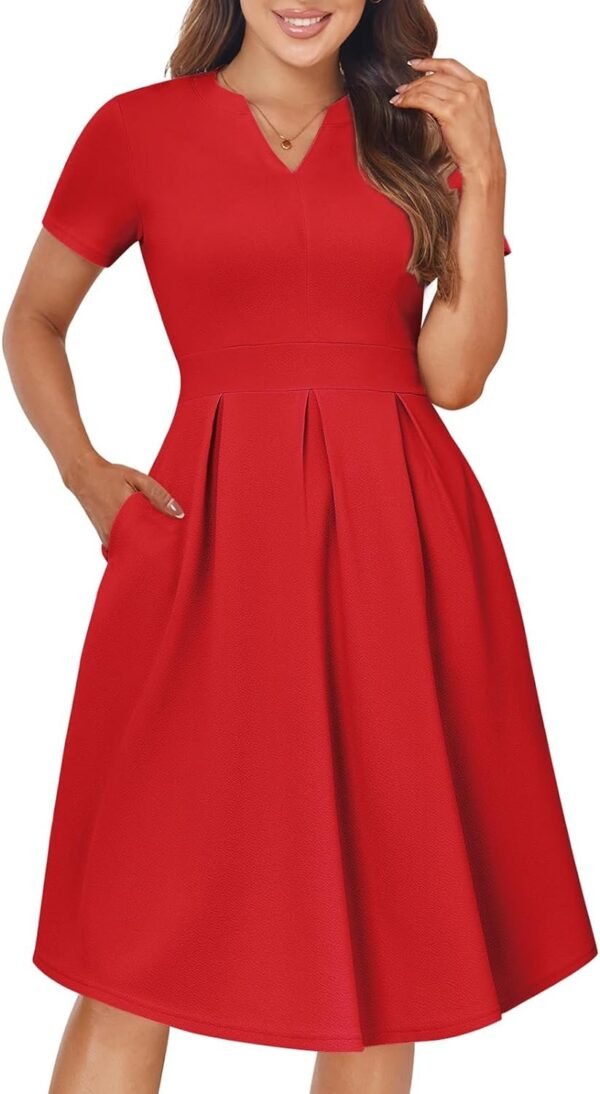 Womens Elegant Print Notched Neck Slant Pocket Pleated Hem Casual A-Line Dress