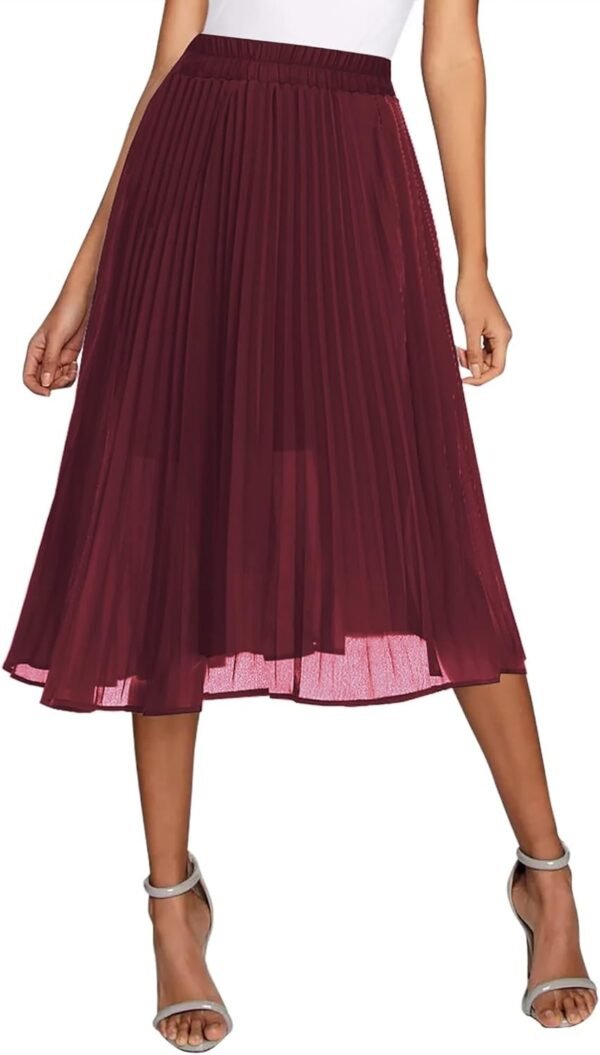 Women's Elastic High Wasit Pleated Skirt Woven Casual Midi Swing Skirt