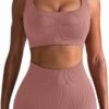 Workout Outfits for Women 2 Piece Seamless Ribbed High Waist Leggings with Sports Bra Exercise Set…