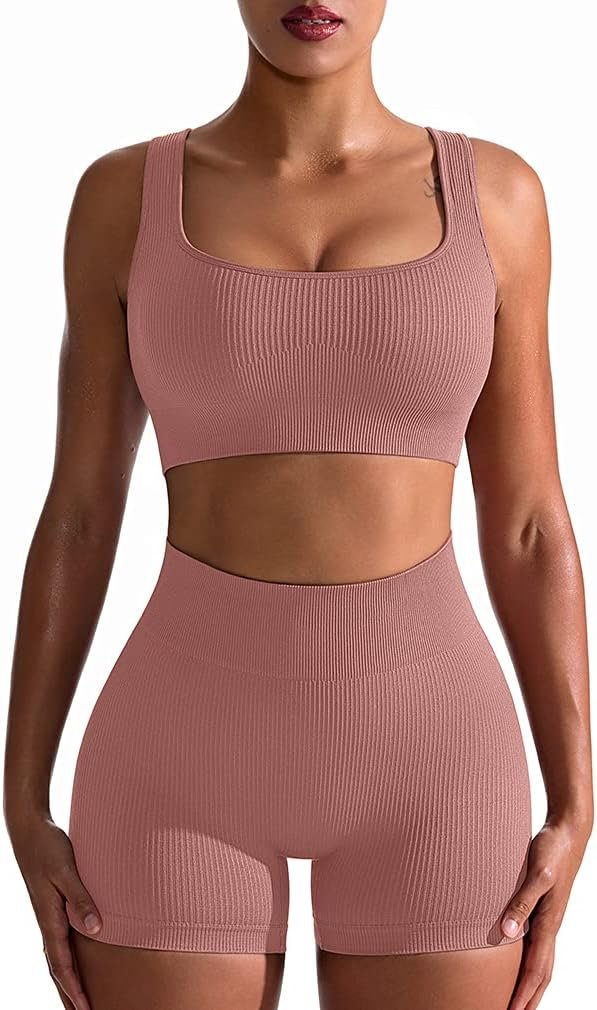 Workout Outfits for Women 2 Piece Seamless Ribbed High Waist Leggings with Sports Bra Exercise Set…