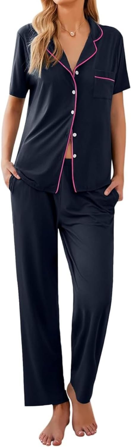 Women Pajamas Set Button Down Sleepwear Short Sleeve Nightwear with Long Pants Soft Pjs Set with Pockets S-XXL