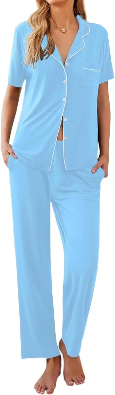 Women Pajamas Set Button Down Sleepwear Short Sleeve Nightwear with Long Pants Soft Pjs Set with Pockets S-XXL