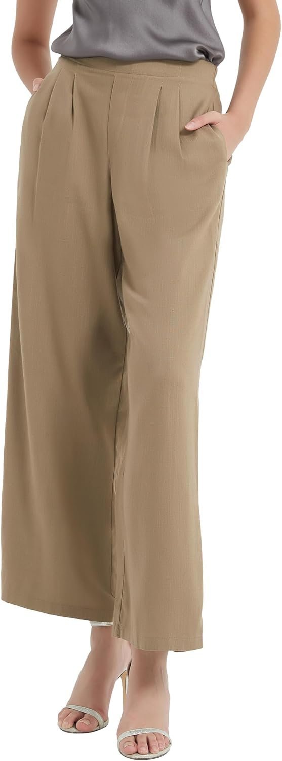 Women's Drape Linen Pants Summer Wide Leg Trousers Compact Fabric with Pockets