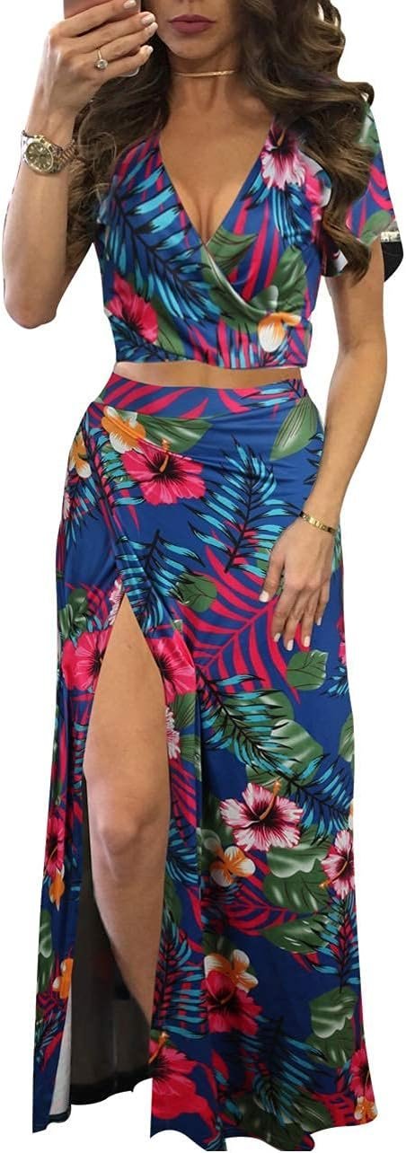 Womens Summer Sexy 2 Pieces Outfits Ruffle Floral Tank Top Wrap Boho Tropical Long Skirt Set Clubwear Dresses