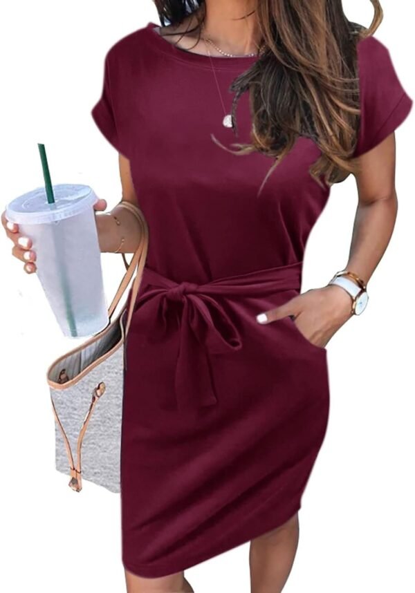 Women's Summer Striped Short Sleeve T Shirt Dress Casual Tie Waist with Pockets