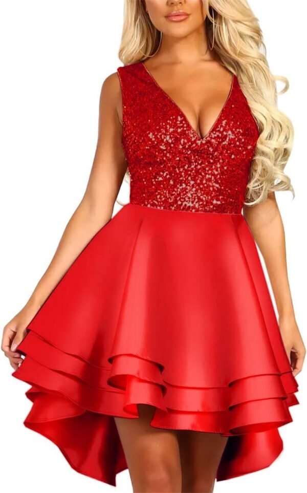 Women's Sequin Glitter V Neck Skater Mini Club Cocktail Party Swing Dress